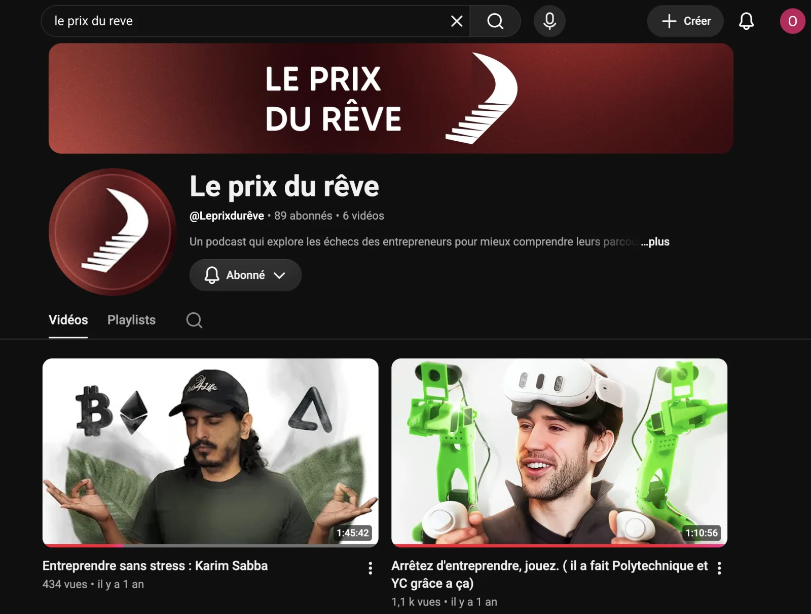 Page YouTube de la chaîne Le prix du rêve, consacrée à l'entrepreneuriat.