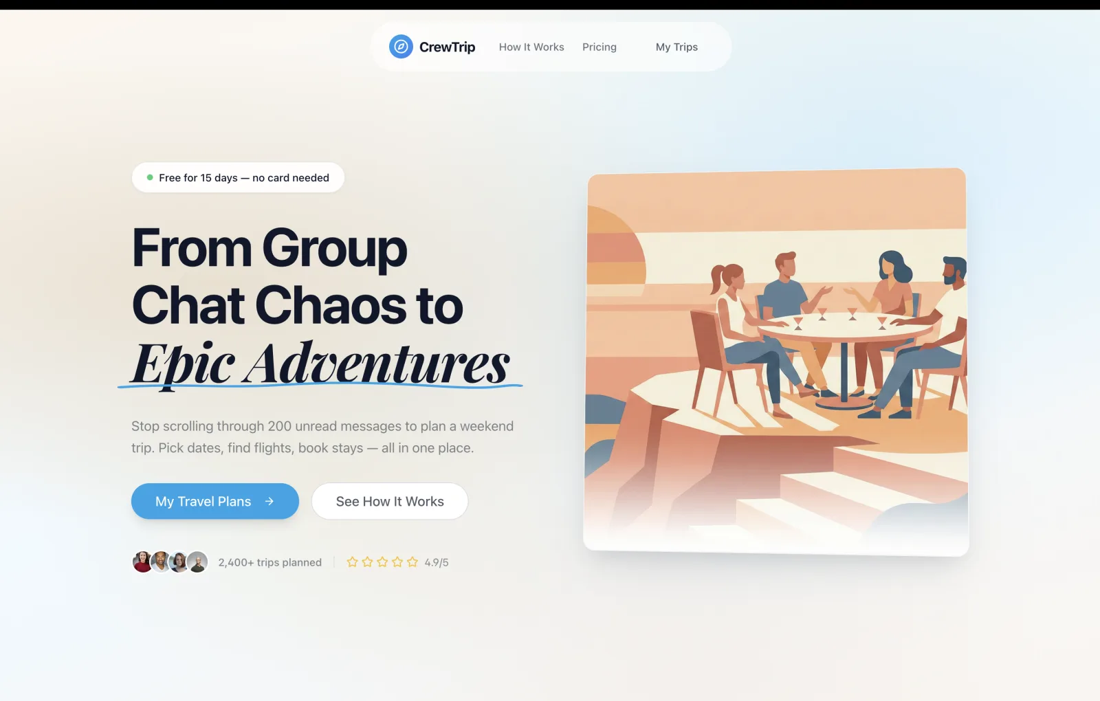 Interface de l'application de voyage CrewTrip.