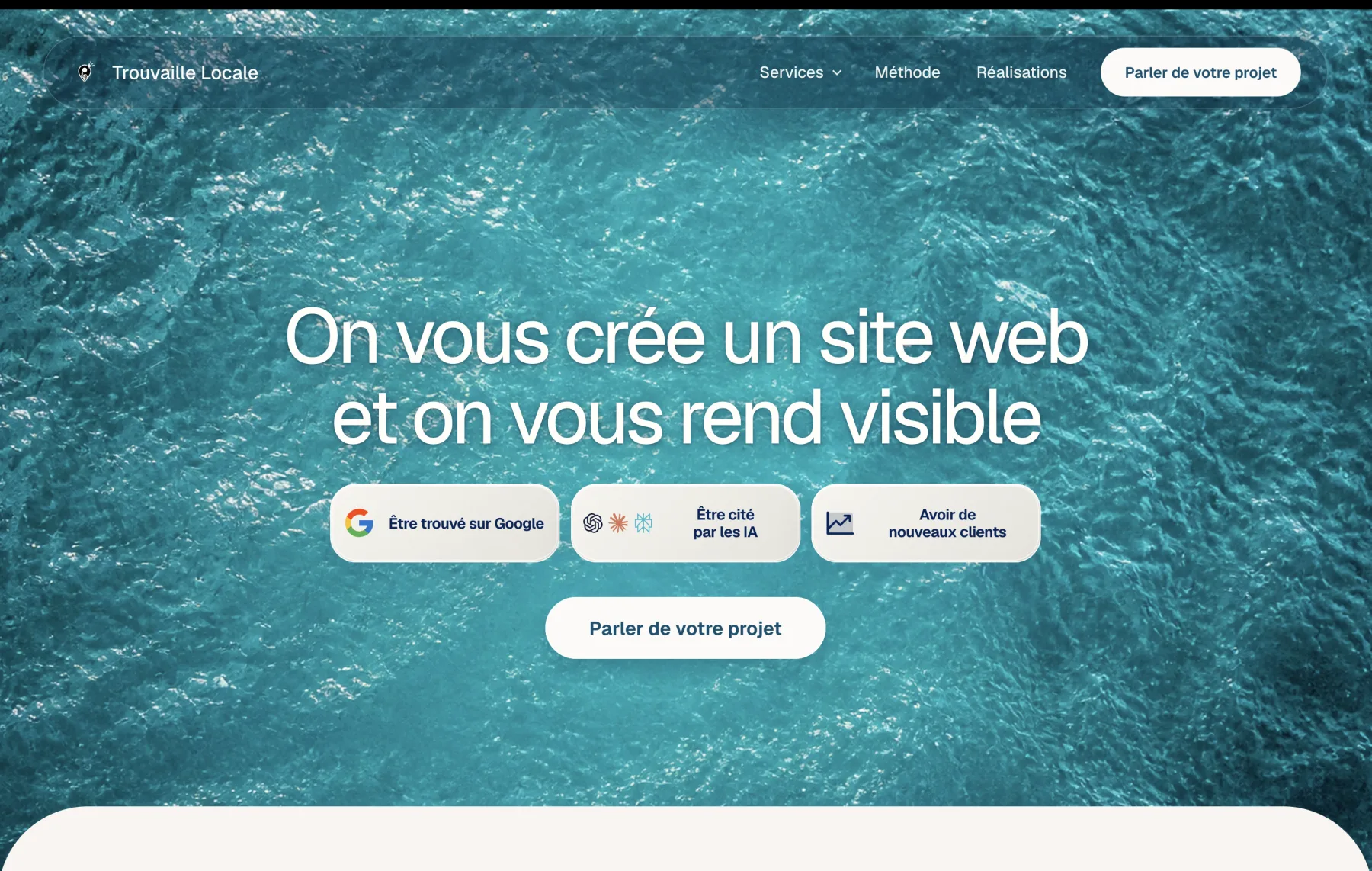 Capture de la page d'accueil de Trouvaille Locale, présentant ses services de création de sites web et de visibilité en ligne.